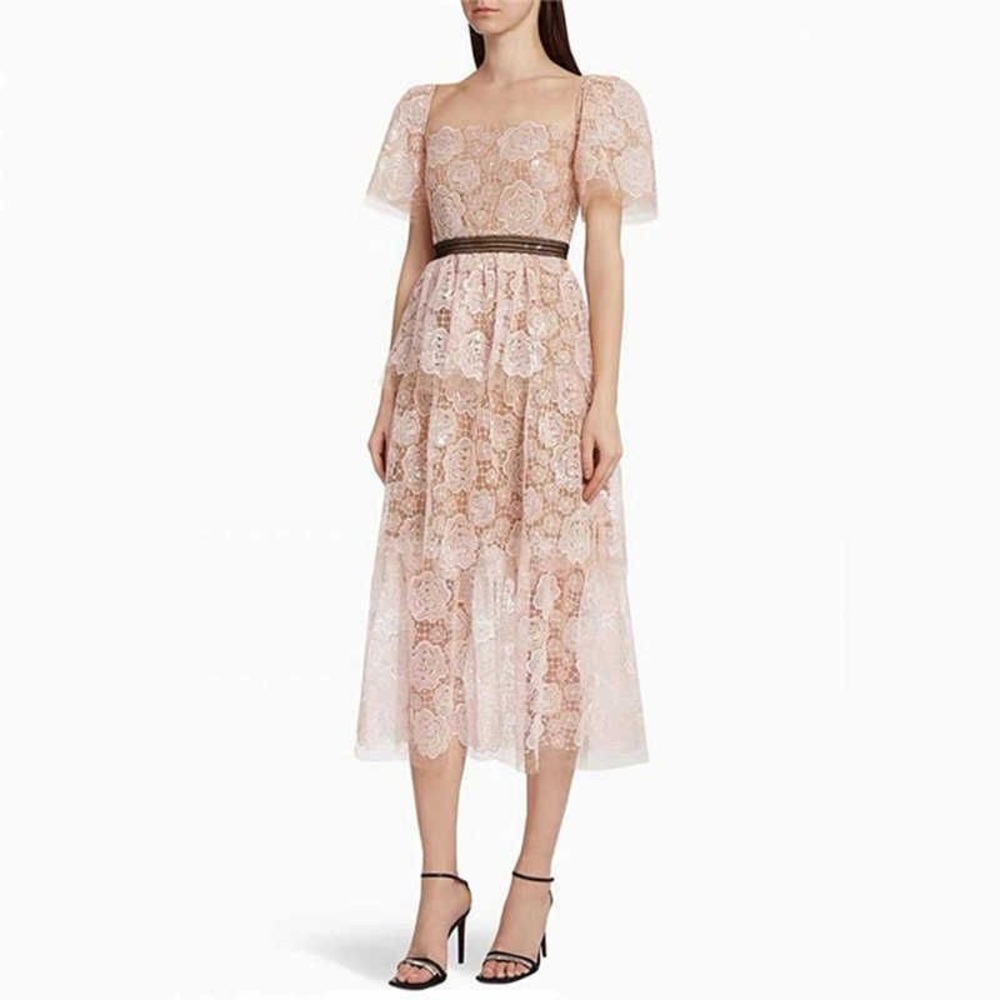 Women's Hollow Out Lace Dress, Elegant, Open Back, Pink Embroidery size M